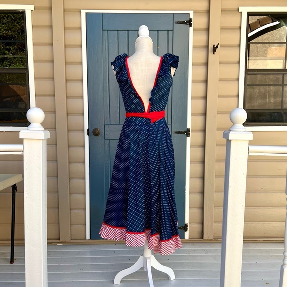 Vintage Jody California 70’s Navy Swiss Dot Sundress with Red Sash Women’s 9/10 - Picture 3 of 6